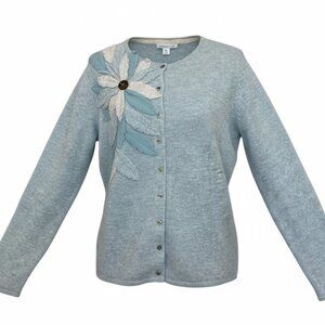 COLDWATER CREEK Wool Rabbit Hair Blend Floral Appliqué Button Cardigan Sweater L